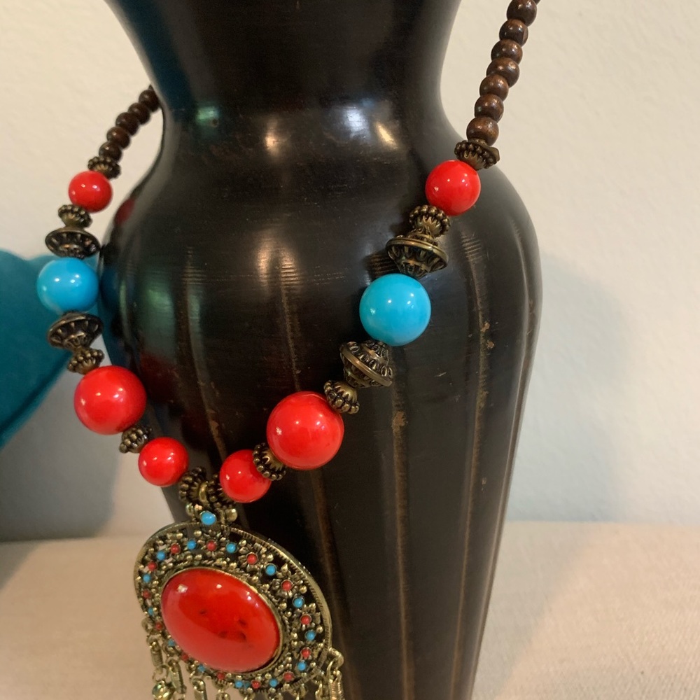 BoHo Wooden Bead Pendant Statement Necklace